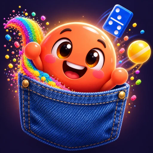 Pocket Playground app icon: a happy orange blob in a denim pocket
